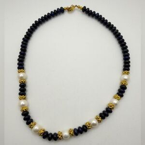 19" rondelle beaded lapis lazuli, genuine pearls w/ gold tone accent necklace!